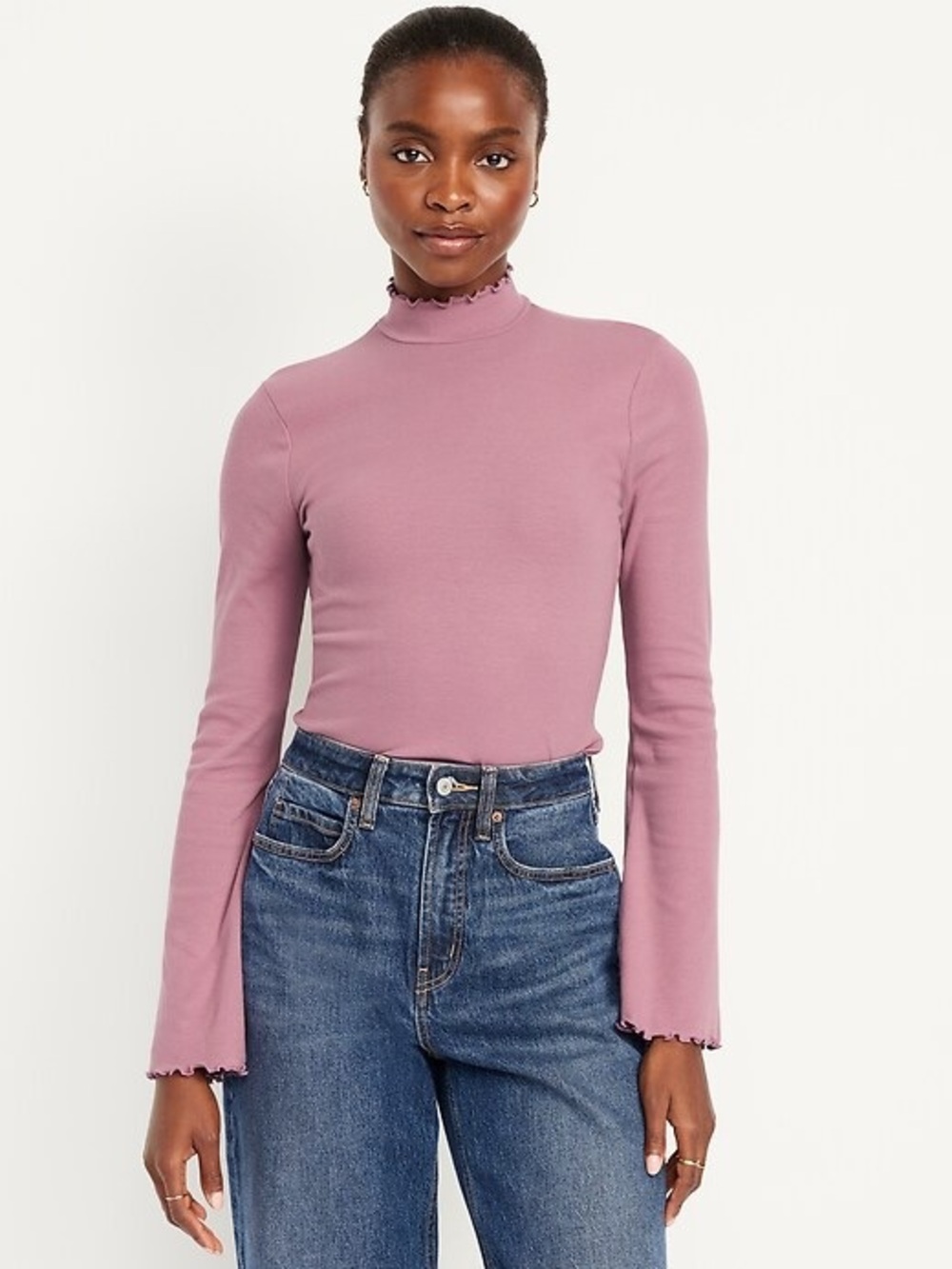Old navy mock neck mauve lettuce hem bell sleeve ribbed top large